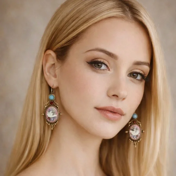 Vintage Style Dove Bird Baroque Earrings Micro Mosaic Style Floral Ornate NEW - Picture 4 of 13